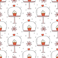cute hand drawn cartoon cupcake in a glass and pink porcelain splashback with red heart funny romantic seamless vector pattern illustration for valentine&rsquo;s day holiday on white background