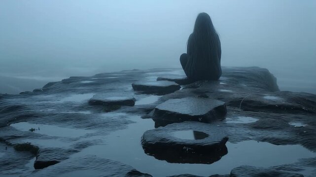 Lonely figure sitting on wet rocks in dense fog by the sea creating a cold desolate atmosphere that symbolizes depression isolation and emotional pain