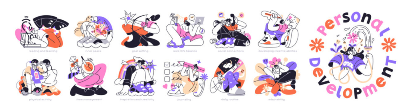 Personal development concept set. Mental growth and self learning and improvement- work and life balance, mindset, identity, social skills and sport. Flat isolated outline vector illustration on white