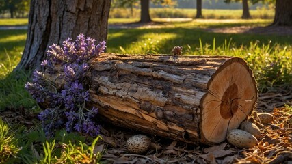 Fototapeta premium A rustic log adorned with purple flowers and stones in a serene park setting during golden hour
