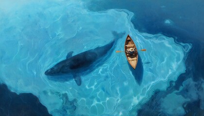 An aerial view of a boat floating in the water with a whale under it