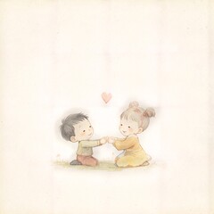A watercolor painting of a boy and girl holding hands.