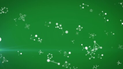 Animation of falling white molecules over green background - Powered by Adobe