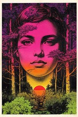 A psychedelic painting of a forest forming a face in retro style