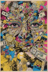 A painting of a woman's face surrounded by money.