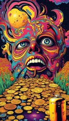 A colorful painting of a bull face surrounded by gold coins.