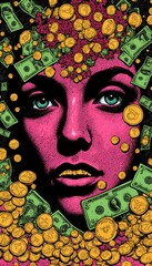 A close up of a woman's face surrounded by money.
