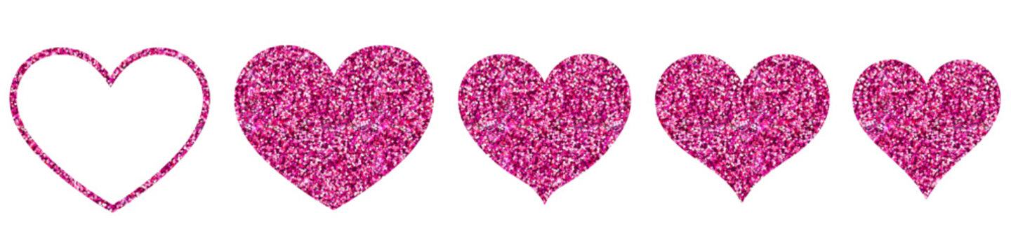A sequence of pink glitter hearts, starting with an outline and progressing to fully filled glitter hearts, isolated on a white background, symbolizing love and sparkle.