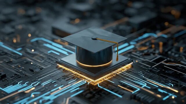 Digital Education: The fusion of academia and technology is symbolized by a graduation cap atop a circuit board. Representing the evolution of education