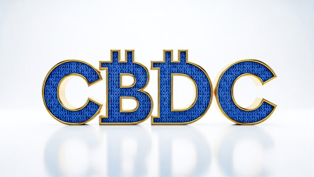 Central bank digital currency concept represented by stylized golden letters filled with blue binary code symbolizing digital finance and technological innovation - Powered by Adobe