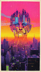 A psychedelic painting of a woman's face in a cityscape in retro style