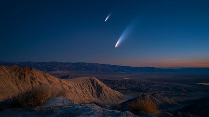 Obraz premium A dramatic comet strike occurs in a vast desert landscape, where bright trails of cosmic debris illuminate the night sky and create a stunning visual contrast against the arid terrain. cinematic