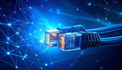 Ethernet cables with glowing connectors and digital network background symbolizing fast data transmission