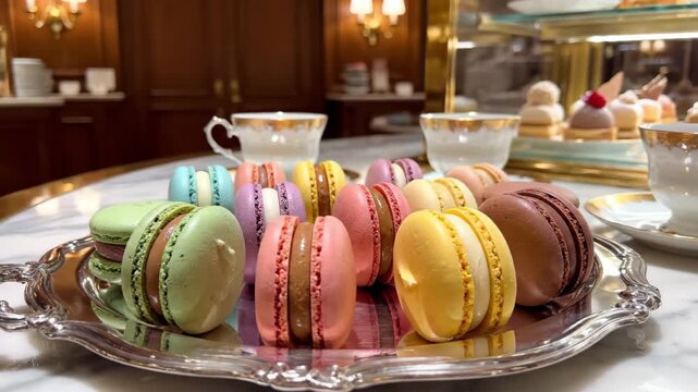 Assortment of colorful French macarons on a silver platter with teacups and pastries for elegant high tea service