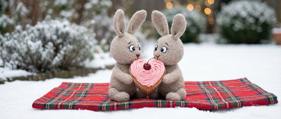 Two knitted rabbit toys, mascot animals, sharing a heart cupcake on a red plaid blanket outdoor. Sweet snack love concept for Valentine Day card, winter romance.
