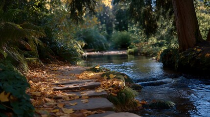 An enchanting forest path blanketed with autumn leaves, leading to a hidden clearing where a gentle stream flows, inviting explorers to immerse themselves in nature's beauty. cinematic color