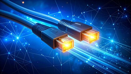 Ethernet cables with glowing connectors and digital network background symbolizing fast data transmission