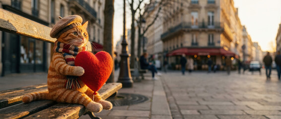Obraz premium Knitted cat toy with a beret and scarf holding a red heart balloon sitting on a bench in a city street. Valentine Day concept.