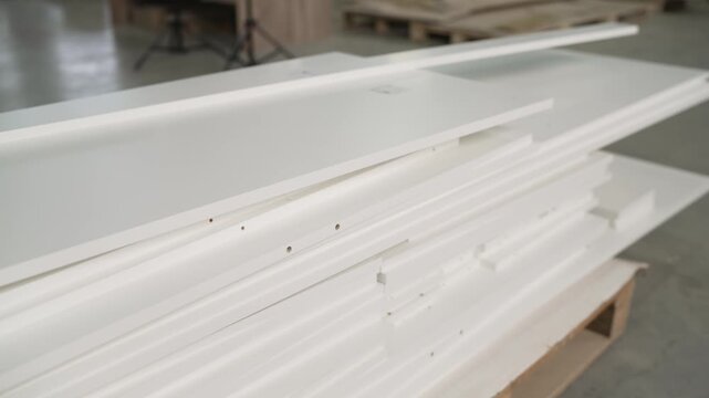 Close-up of stacked white mdf panels ready for furniture assembly. Pre-cut and drilled wooden parts resting on a pallet in a workshop