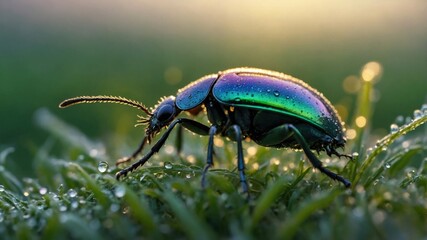 Fototapeta premium Close-up of a vibrant beetle on dew-covered grass at sunrise, showcasing nature's beauty and detail