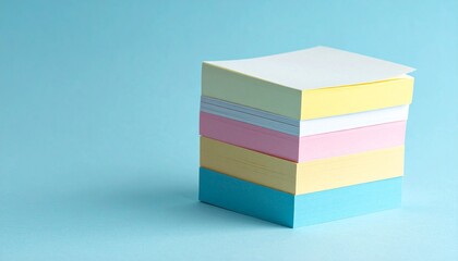 Stack of colorful square sticky notes on light blue background in clean minimal composition