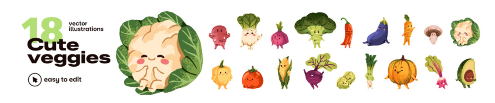 Different cute farm vegetables set. Various funny veggies: avocado, cabbage, cauliflower, potato pumpkin and tomato. Kawaii and happy agricultural crops. Flat isolated vector illustrations on white