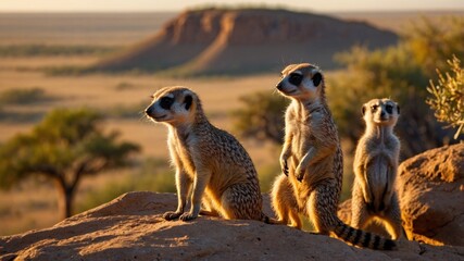 Three meerkats standing on a rock during sunset in a vast desert landscape, observing their surroundings