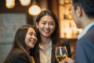 A happy group of Asian business friends in a casual setting after work, a stylish bar