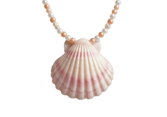 Beautiful seashell necklace with pearls and orange beads, perfect for beach lovers and ocean enthusiasts, isolated on transparent background