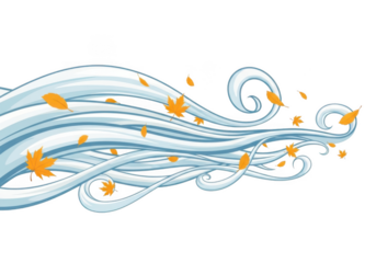 Blue swirling wave design with falling orange leaves, elegant and flowing, perfect for autumn themes isolated on transparent background