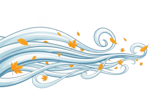 Blue swirling wave design with falling orange leaves, elegant and flowing, perfect for autumn themes isolated on transparent background - Powered by Adobe