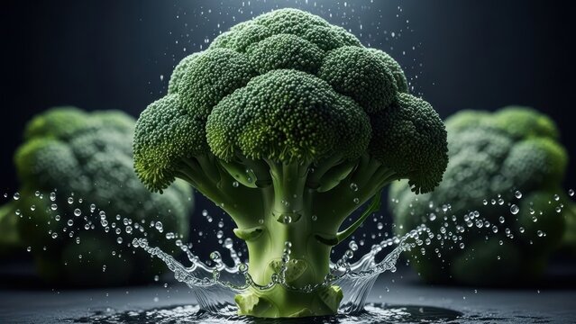 Fresh green broccoli head splashing water against a dark moody background