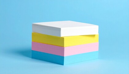 Stack of colorful square sticky notes on light blue background in clean minimal composition