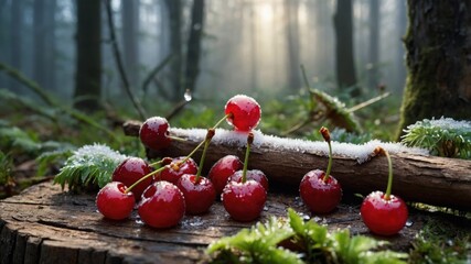 Fresh cherries resting on a mossy log in a misty forest, capturing nature's beauty and tranquility