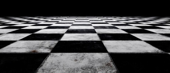 The checkerboard floor stretching into a dramatic textured horizon with moody contrast