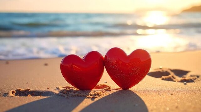 Two red heart shapes on a sandy beach with ocean waves at sunset.