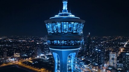 Aerial view of illuminated tower in cityscape at night with vibrant lights and urban landscape.