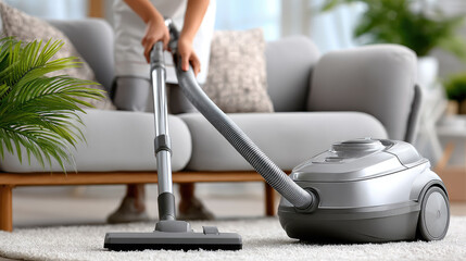 hostess vacuuming carpet in living room with modern vacuum cleaner, home cleaning and housekeeping concept, copy space, domestic chores and hygiene, stock photo style