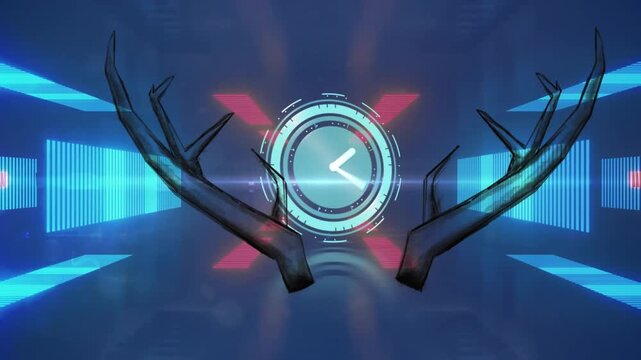 Animation of deer horns and ticking clock over neon tunnel in seamless pattern on blue background