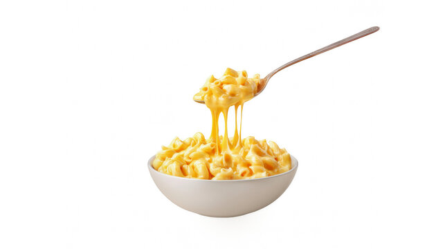 A delicious bowl of creamy macaroni and cheese with a perfect cheese pull being served
