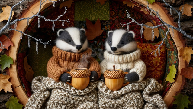Two badgers wearing sweaters holding acorn mugs of hot drink. Cozy autumn or winter scene for holiday season and warm beverage advertisement.