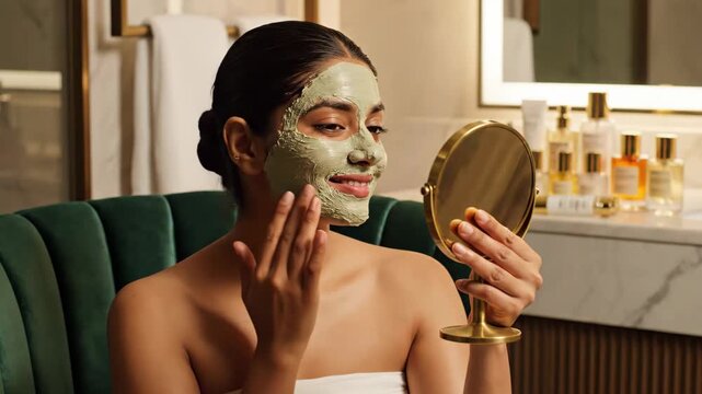 Woman applying face mask with a mirror in a bathroom, for skincare, beauty treatments, and self-care routine