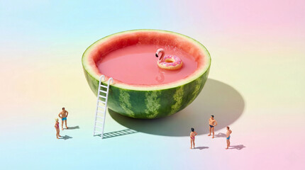 Watermelon Pool with Tiny Swimmers and Flamingo Float