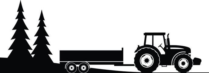 Black silhouette tractor with trailer forest rural landscape farming transport agriculture vector illustration for adobe stock countryside industry concept © MstSalina
