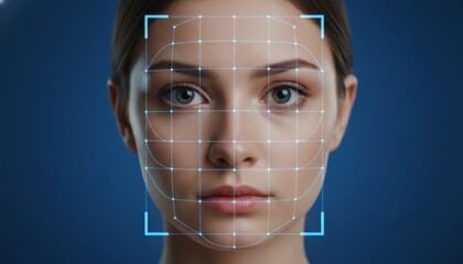 Woman's portrait displaying a digital overlay grid, depicting advanced biometric security for facial recognition, identity verification, and access control technology