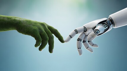 A green moss covered human hand gently reaches to touch a sleek futuristic white robotic hand finger