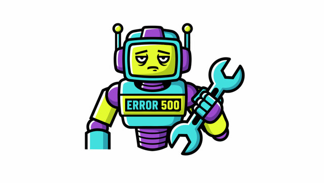 Cute Sad Robot Mascot Holding Wrench with Error 500 Sign. Server Maintenance, Technical Support, and Internal System Failure Cartoon Illustration.