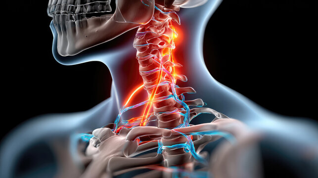 Human cervical spine illustration with multiple vertebrae shown in red and orange to indicate inflammation, degeneration or chronic neck pain such as herniated discs or osteoporosis