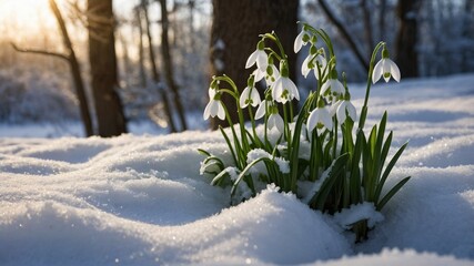 Snowdrops blooming in a snowy landscape at sunset, surrounded by trees and soft light