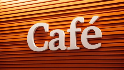 Modern white caf&eacute; sign on vibrant orange slatted wall &mdash; bold typography, trendy design, inviting atmosphere, coffee culture branding photography